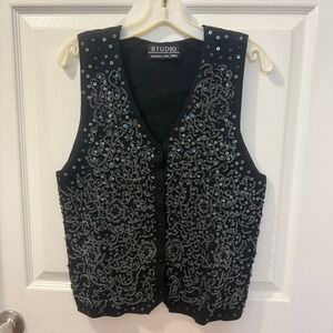 Black Sequin Beaded Front Vest Studio Marisa Christina Sleeveless Large Wool Art